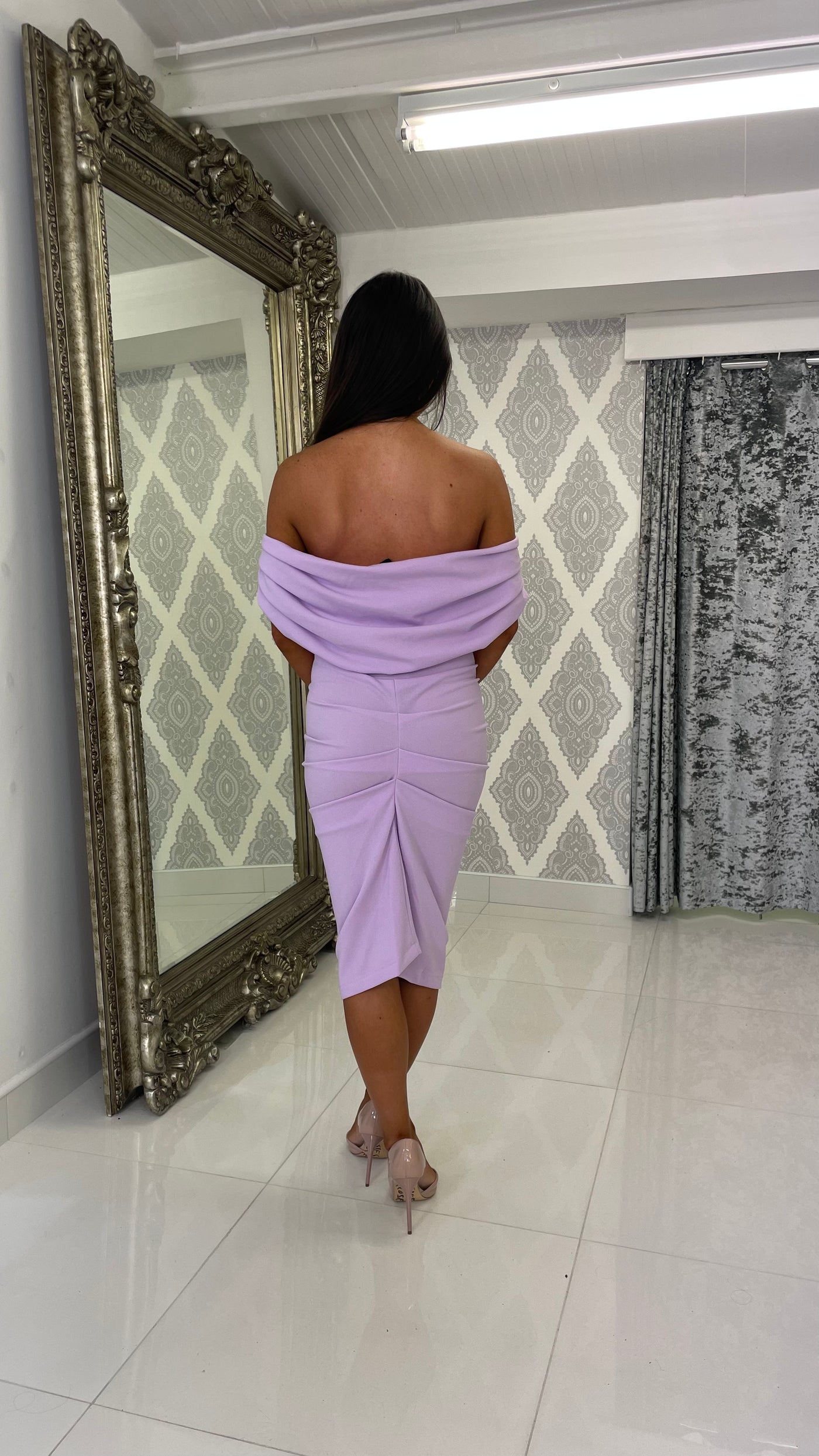 Lilac Drape Off Shoulder Midi Dress