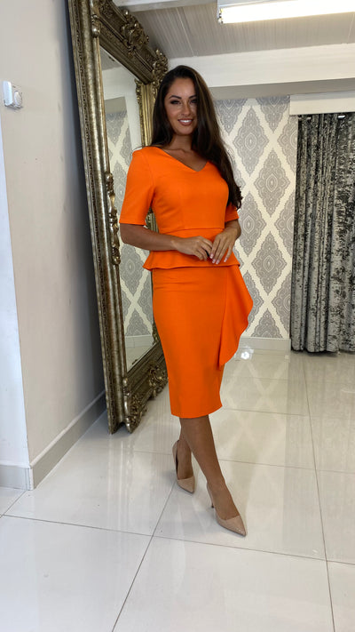 Orange Asymmetric Peplum Pencil Dress