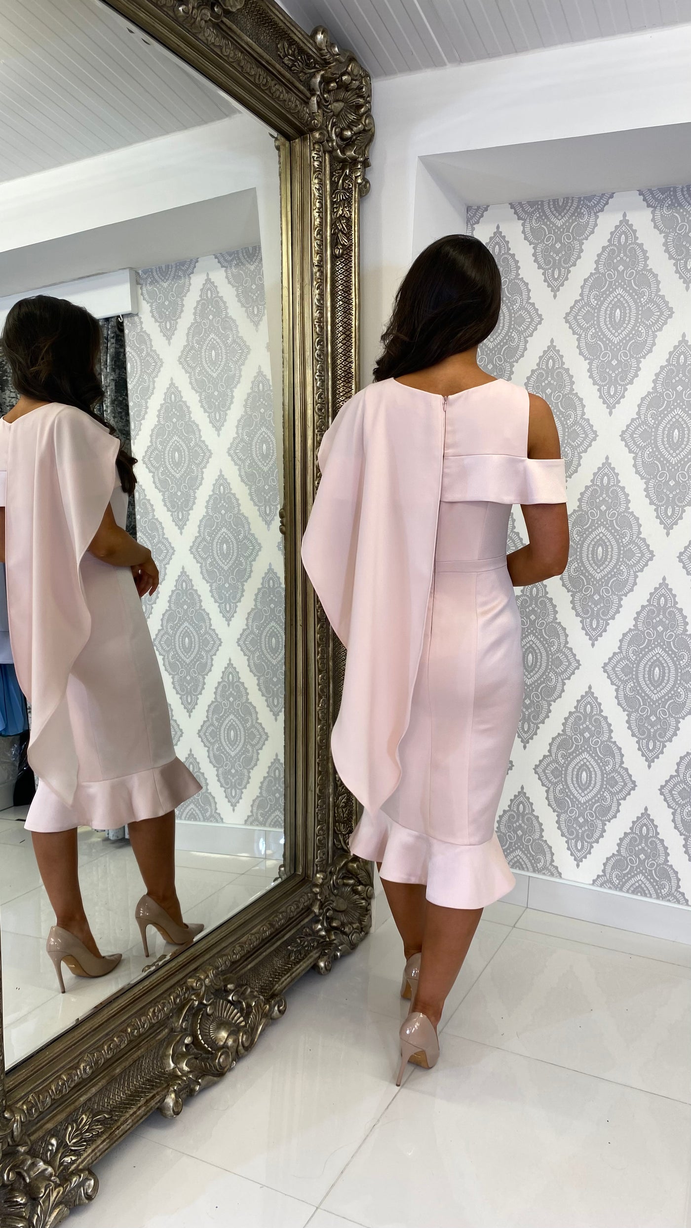 Cold Shoulder Cape Detailed Wedding Guest Dress – Rosies Closet Cold Shoulder Cape Detailed Wedding Guest Dress – Rosies Closet