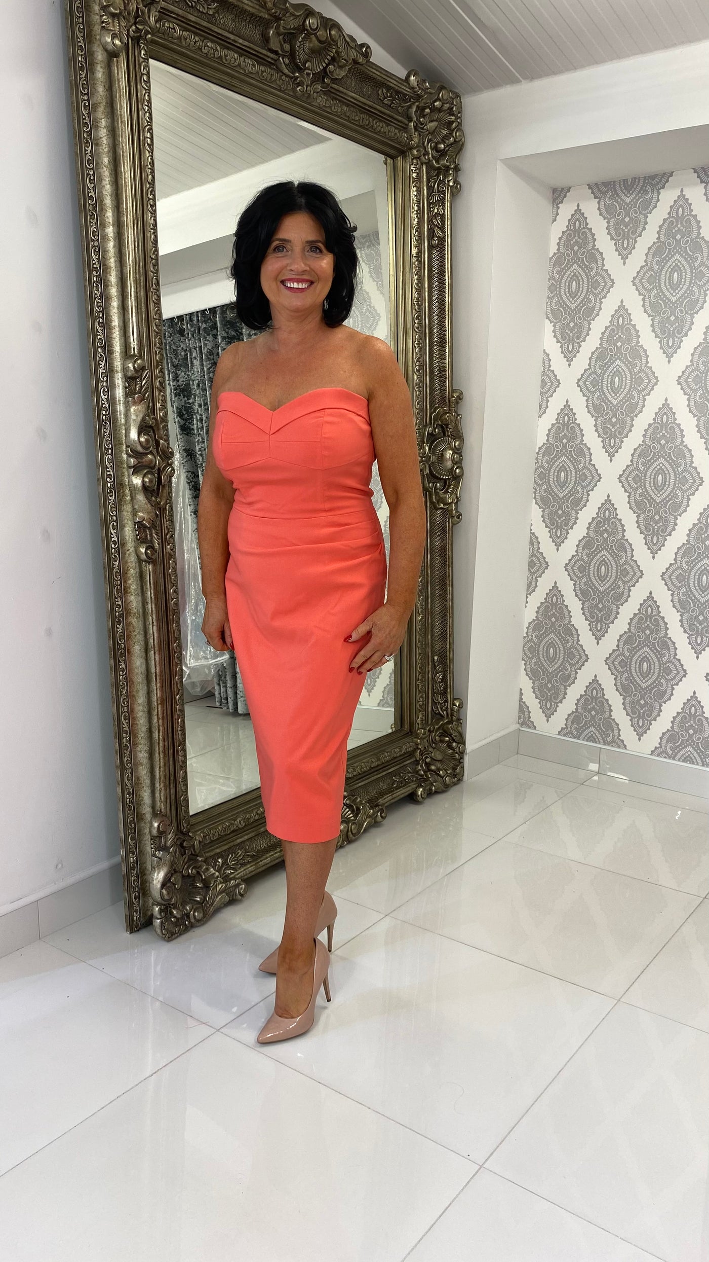 Strapless Midi Cocktail Dress In Orange