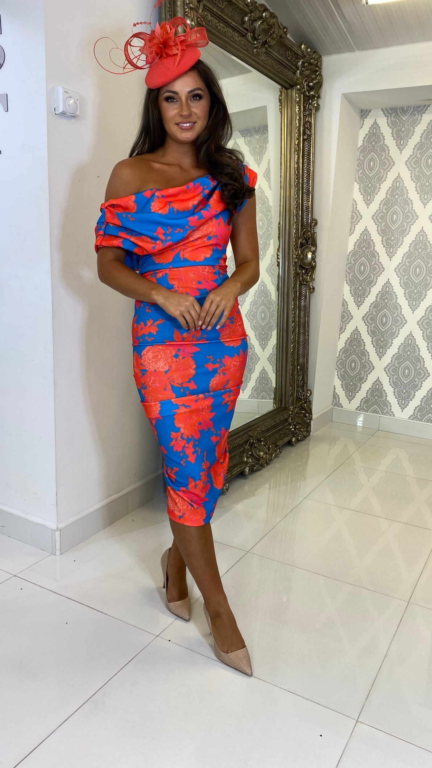 Teal/Orange Drape Shoulder Midi Bodycon Dress