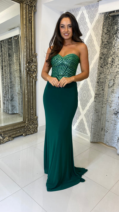 Green Strapless Jewell Top Detailed Evening Gown