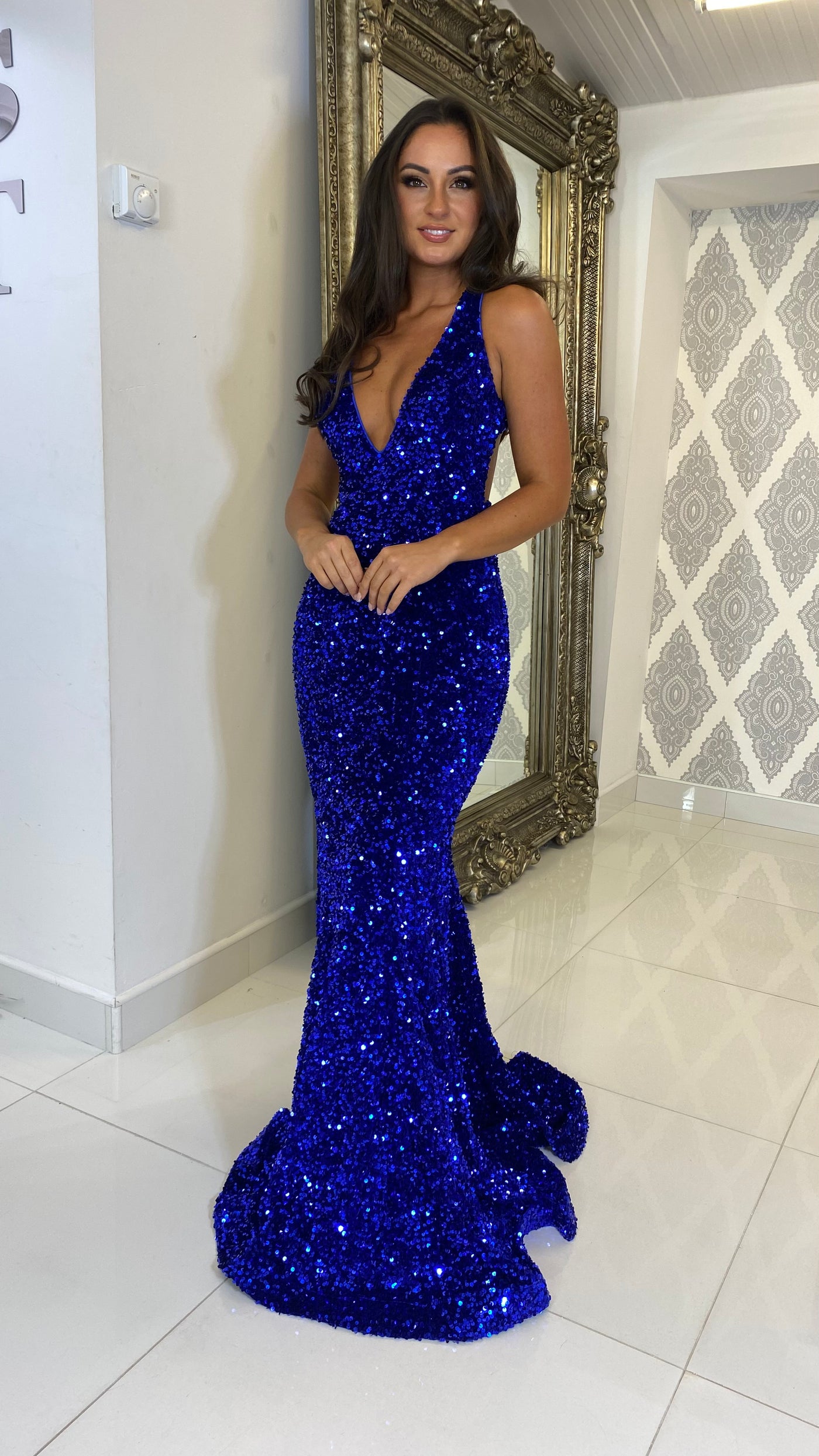 Blue Sequin Plunge Neck Backless Evening Gown