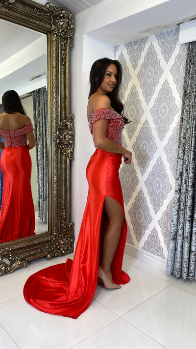 Red Sequin Top Bardot Formal Gown
