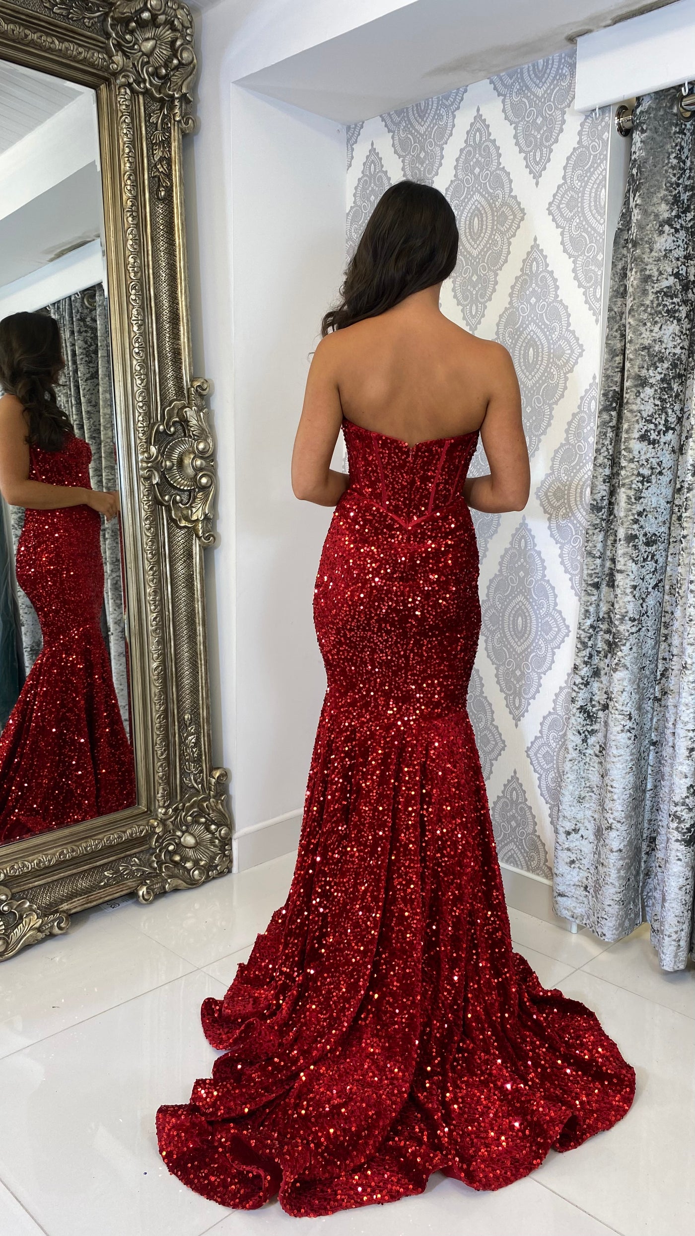 Red Sequin Corset Strapless Evening Gown