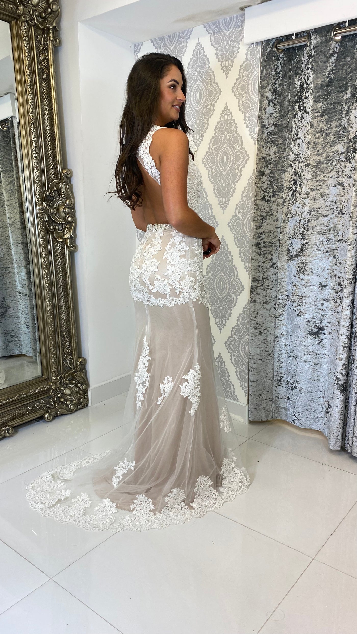 Ivory Lace High Neck Backless Evening Gown