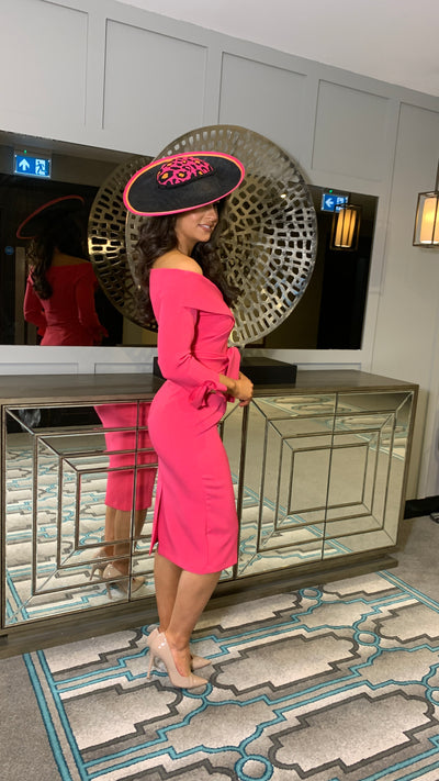 Fuchsia Bardot 3/4 Sleeve Belted Dress