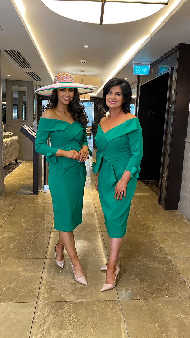 Emerald Green Bardot 3/4 Sleeve Belted Debs Dress Rosies Closet Emerald Green Bardot 3/4 Sleeve Belted Debs Dress Rosies Closet