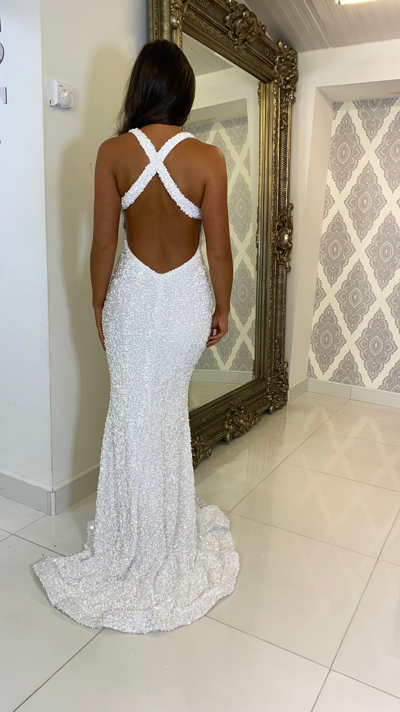 White Sequin Plunge Neck Backless Evening Gown