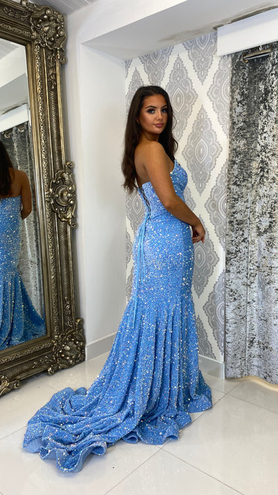 Light Blue Sequin Strapless Lace-up Evening Gown