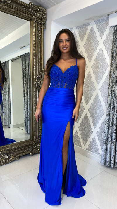 Royal Blue Corset Lace Top Detailed Prom Evening Gown