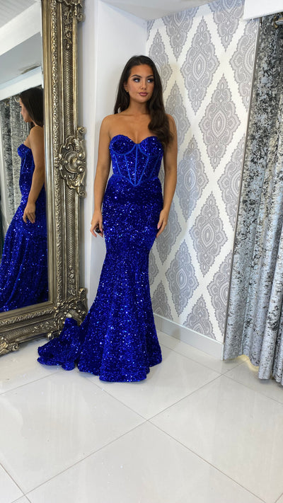 Cobalt Blue Sequin Corset Strapless Evening Gown