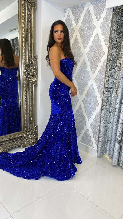 Cobalt Blue Sequin Corset Strapless Evening Gown