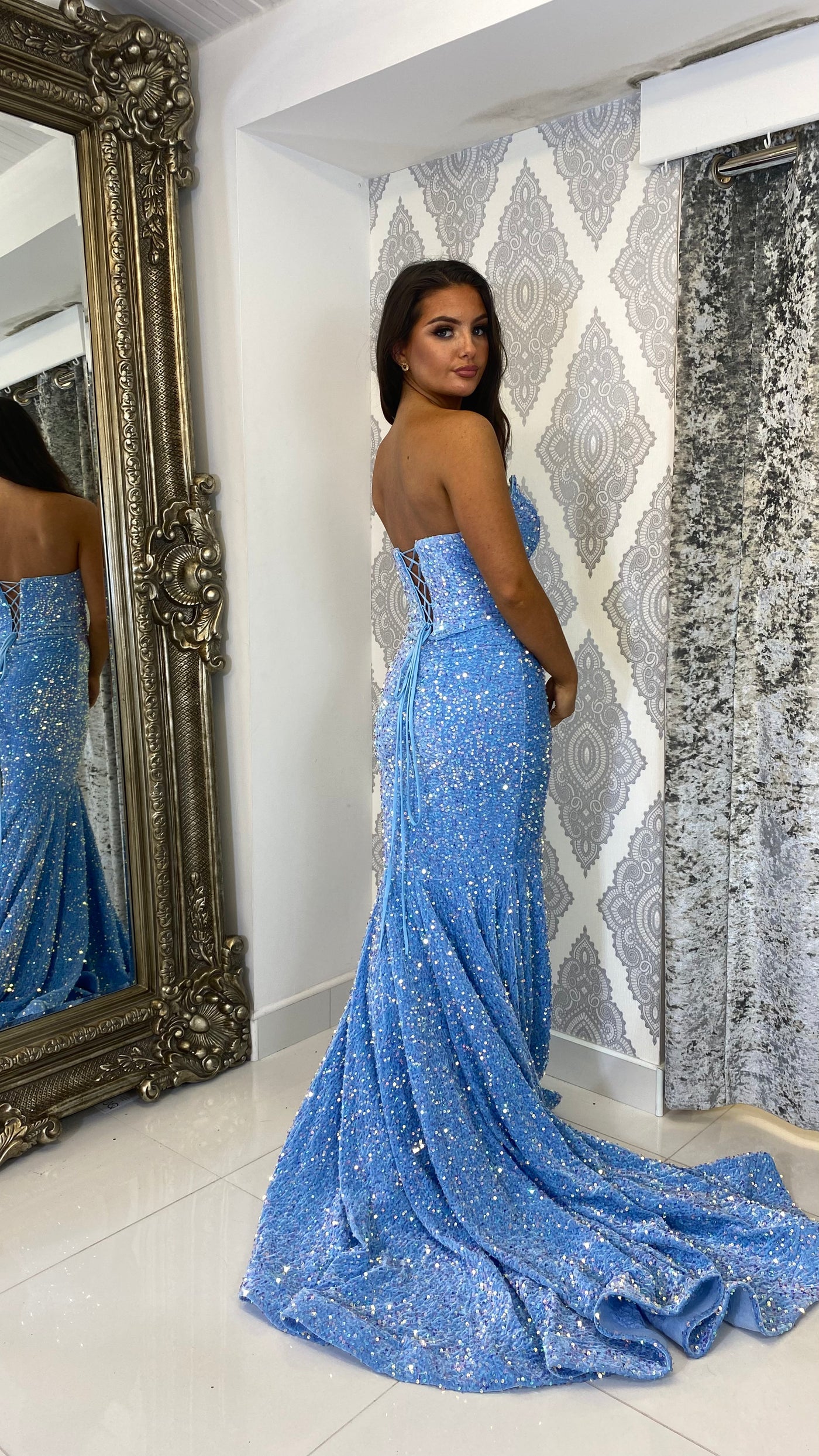 Light Blue Sequin Strapless Lace-up Evening Gown