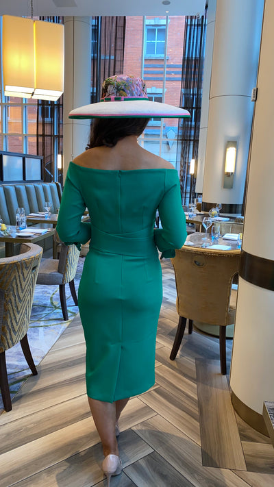 Emerald Green Bardot 3/4 Sleeve Belted Dress
