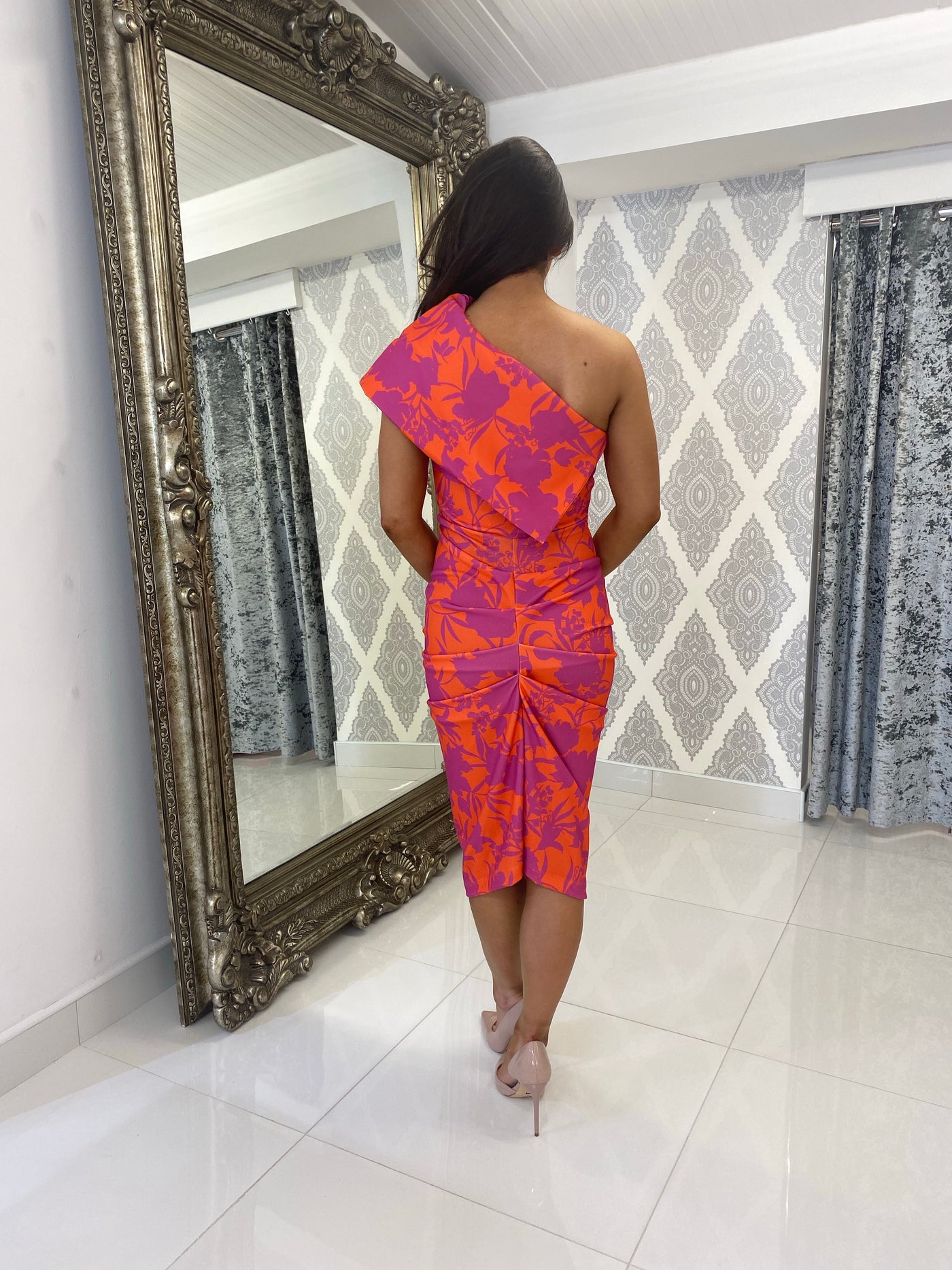 Pink and Orange Floral Miley Midi Wedding Guest Dress