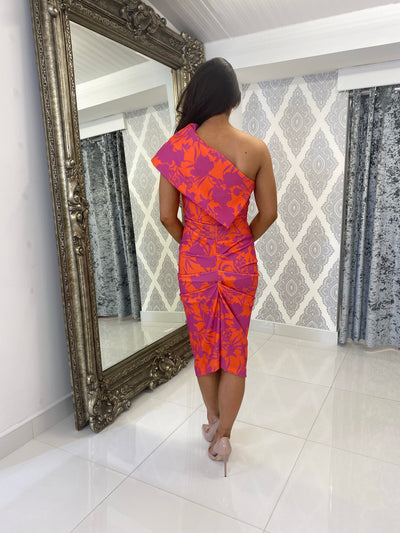Pink and Orange Floral Miley Midi Wedding Guest Dress
