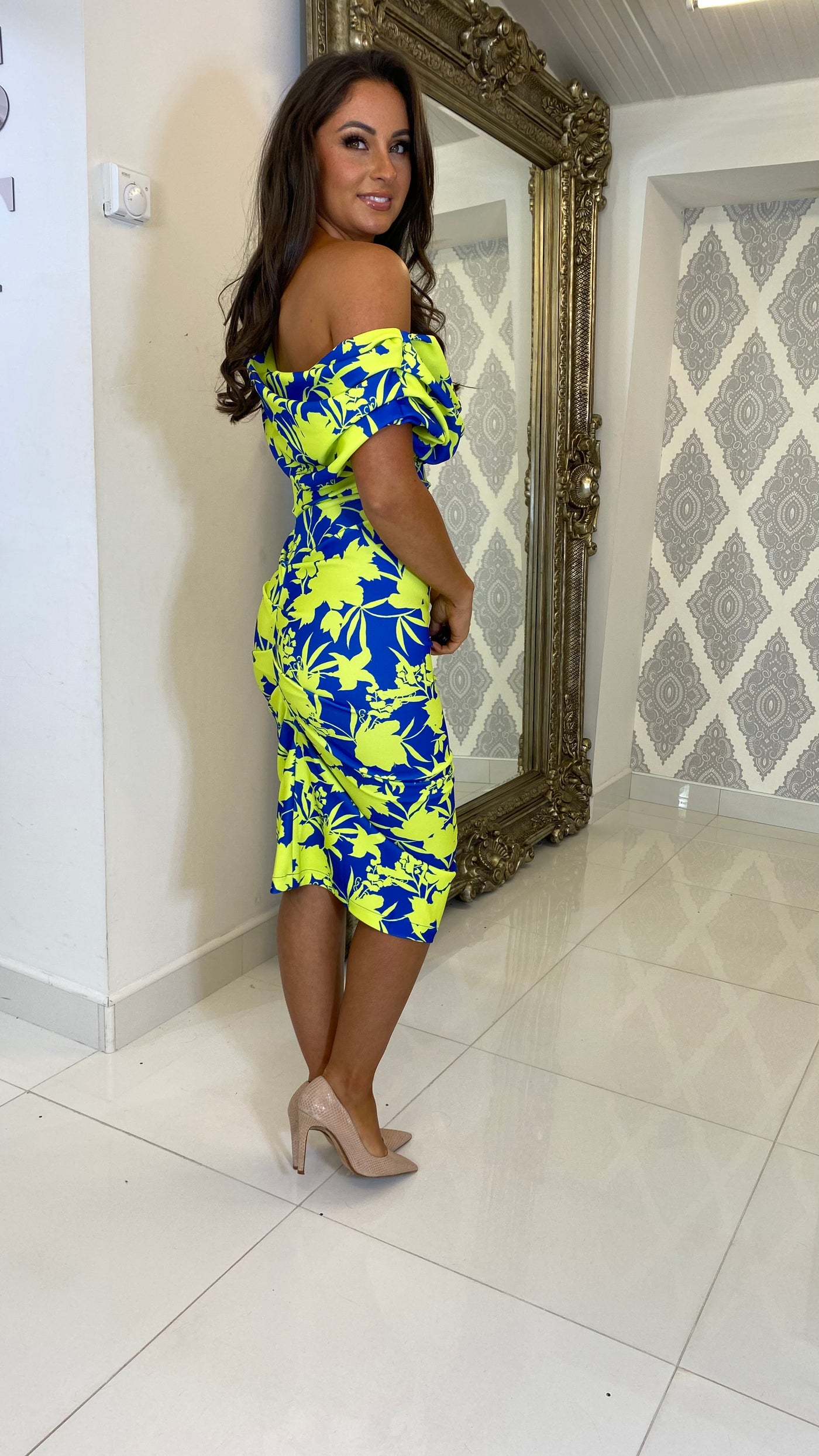Cobalt and Lime Floral Print Drape Shoulder Midi Bodycon Dress