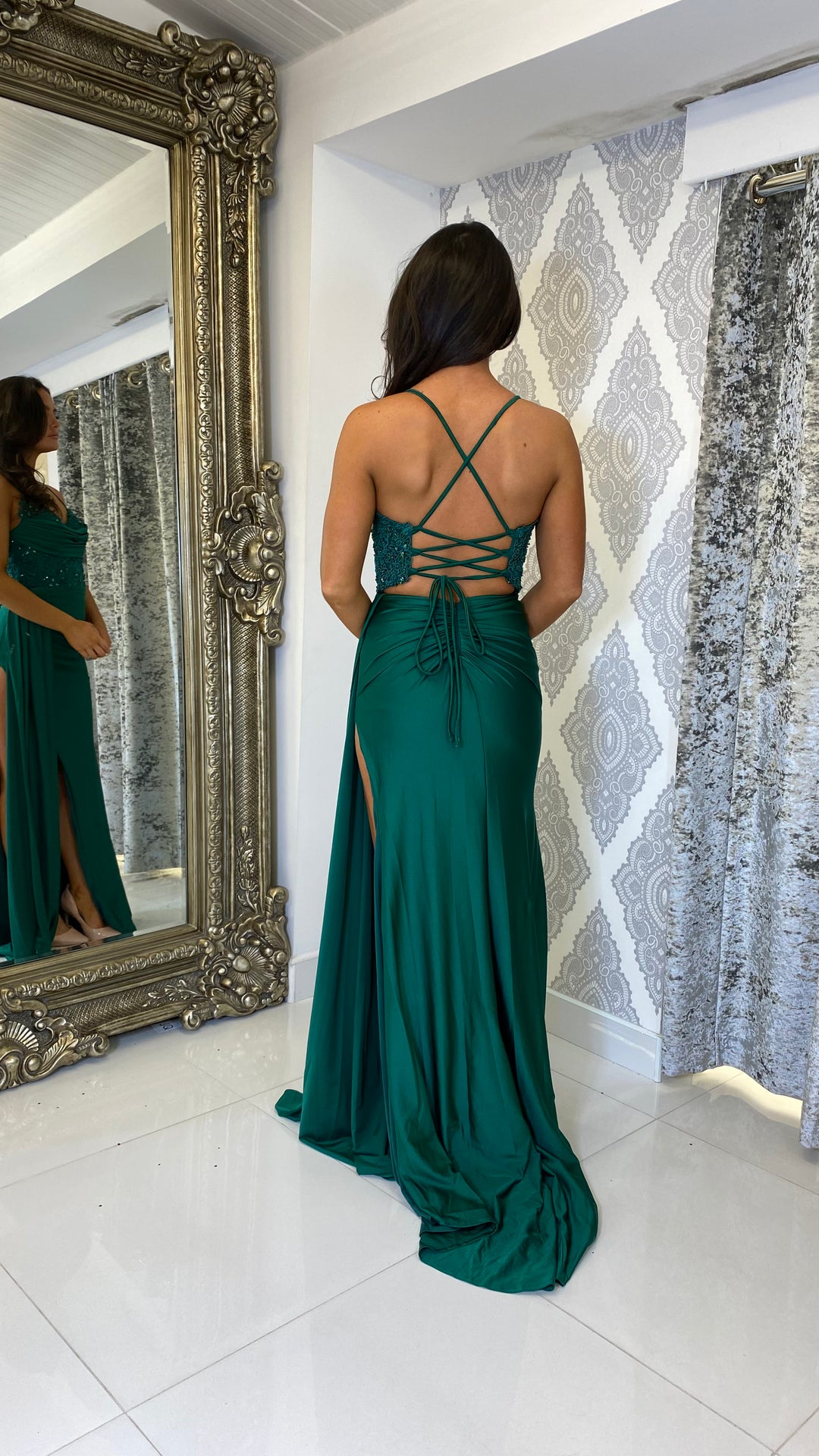 slim fit dress slacks Green Drape Detail Evening Gown – Rosies Closet
