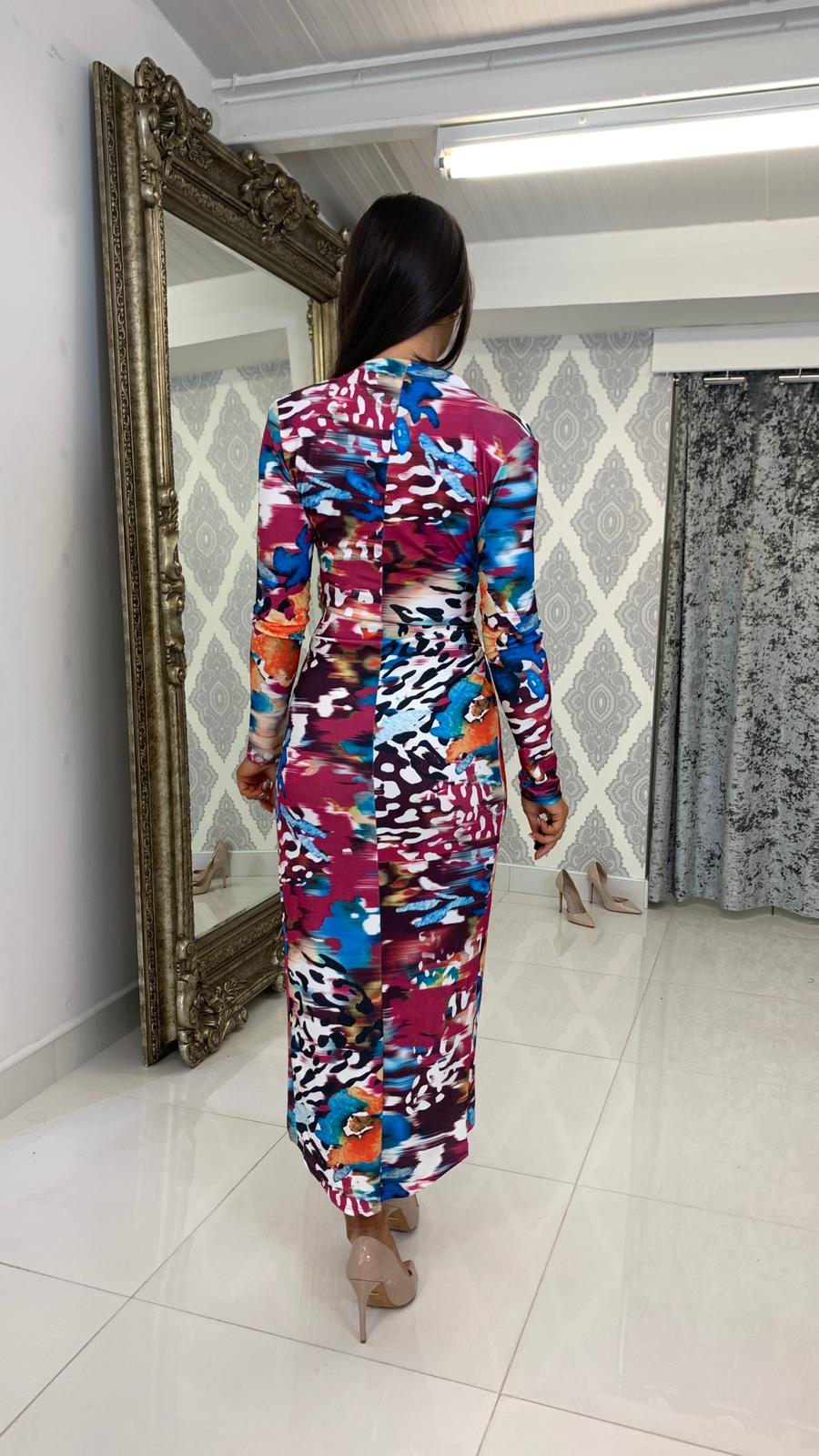 Fuchsia & Orange Print Midi Ruched dress