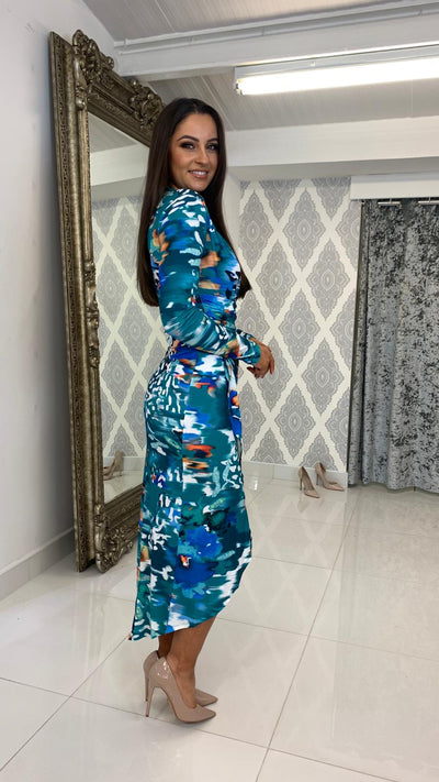 Blue Print Midi Ruched dress
