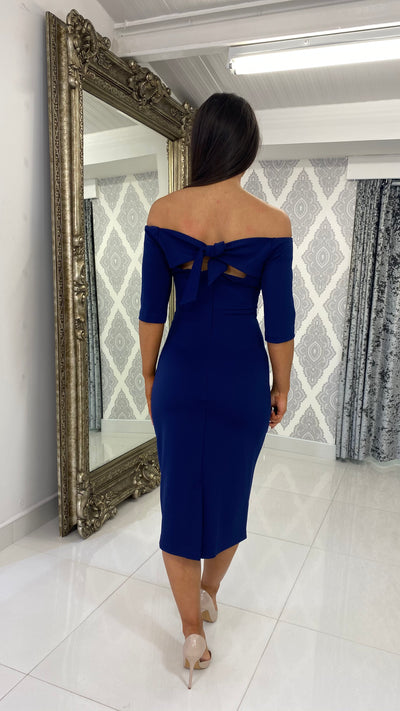 Navy Bardot Bow Back 3/4 Sleeve Dress