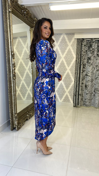 Blue Snake Print Midi Ruched dress