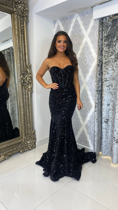 Black Sequin Corset Strapless Evening Gown