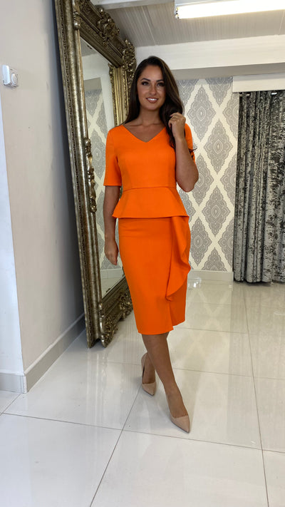 Orange Asymmetric Peplum Pencil Dress