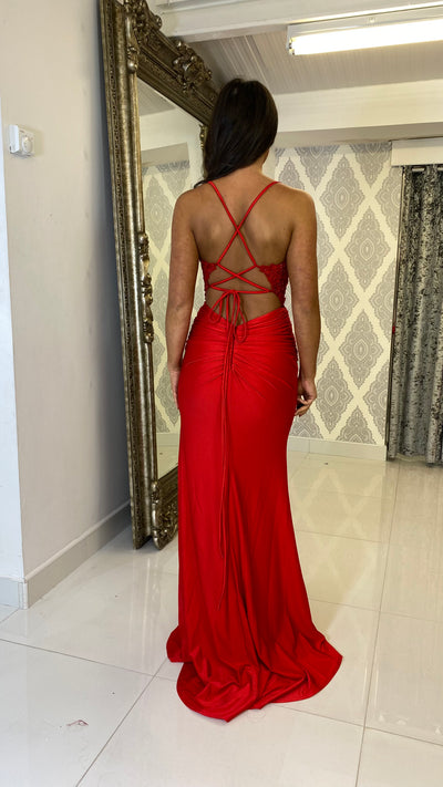 Red Corset Lace Detail Formal Gown