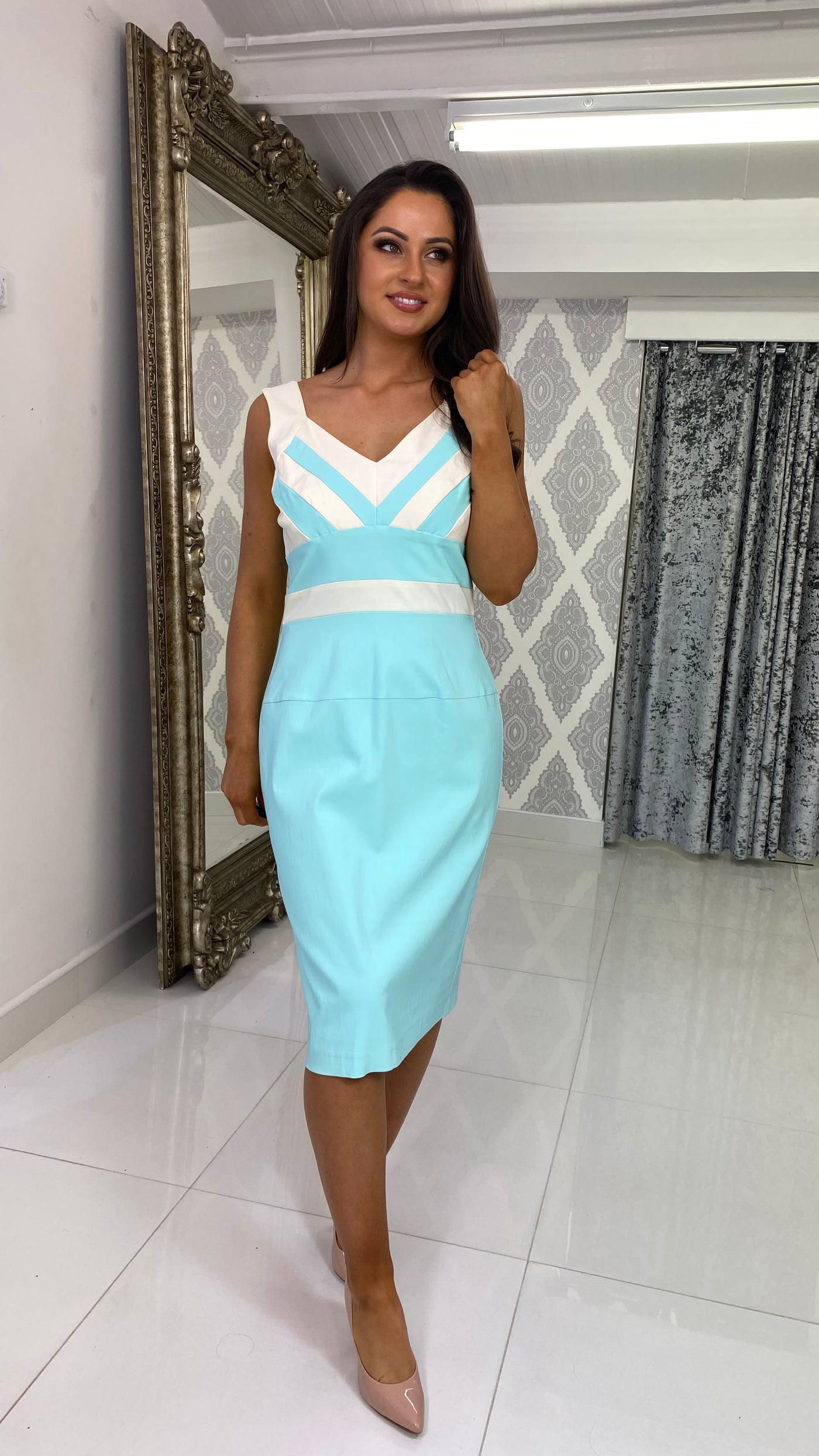 Blue and Ivory V Neck Midi Dress