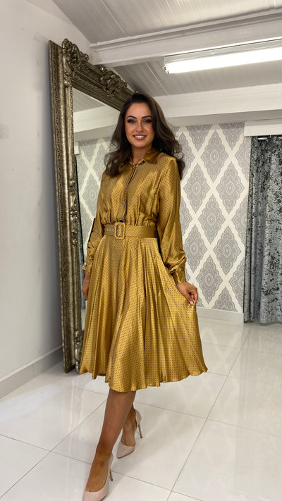 Gold Black Mini Dotted Silk Midi Shirt Dress