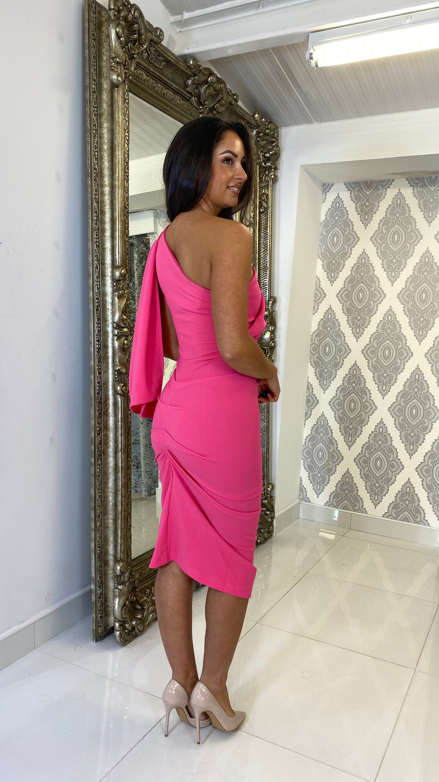 Hot Pink Drape One Shoulder Dress