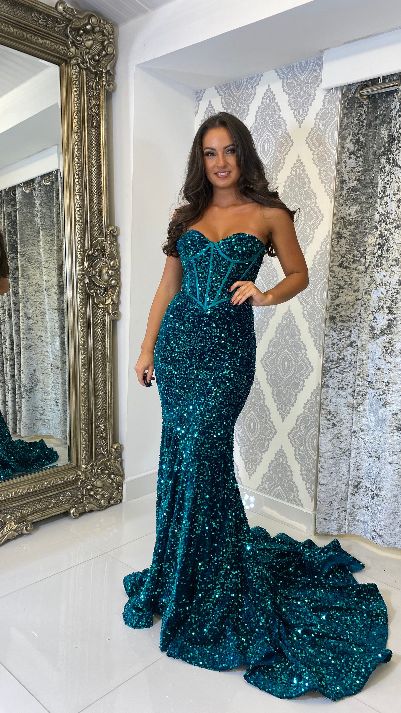 Teal Green Sequin Corset Strapless Evening Gown Rosies Closet