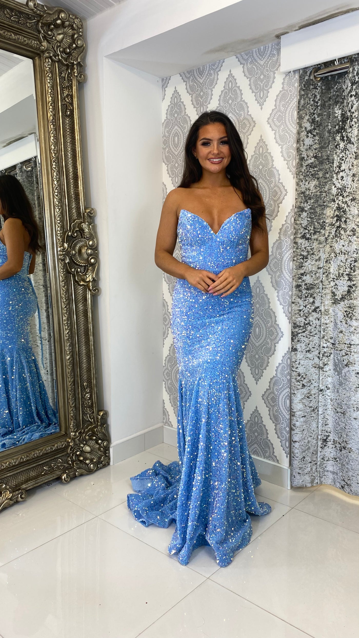 Light Blue Sequin Strapless Lace-up Evening Gown