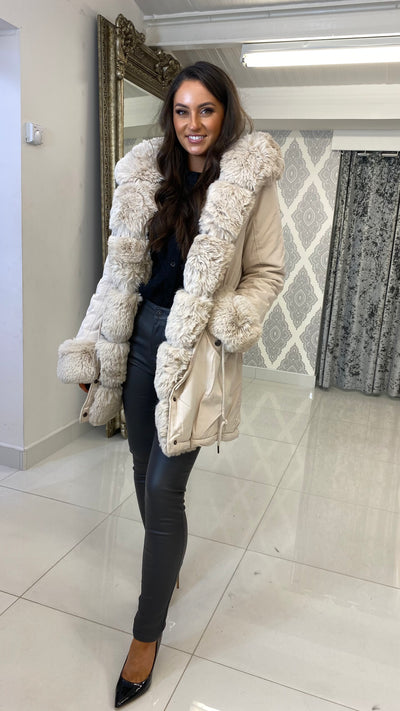 Cream Faux Fur Long Puffer Coat
