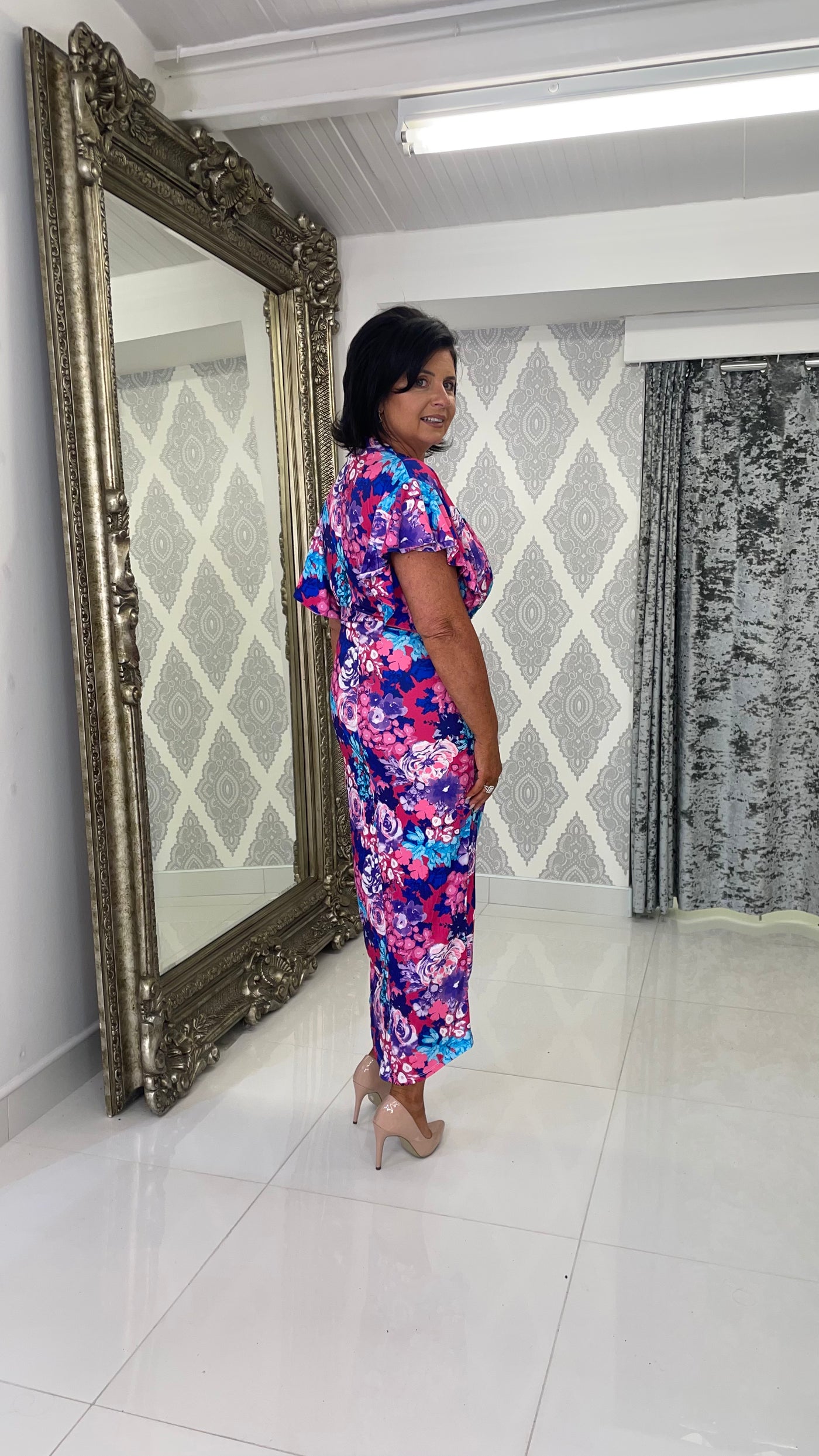 Purple/Pink Floral Print Frill Sleeve Dress