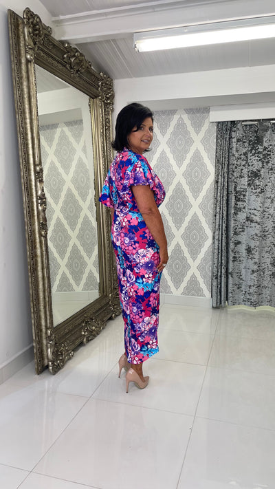 Purple/Pink Floral Print Frill Sleeve Dress
