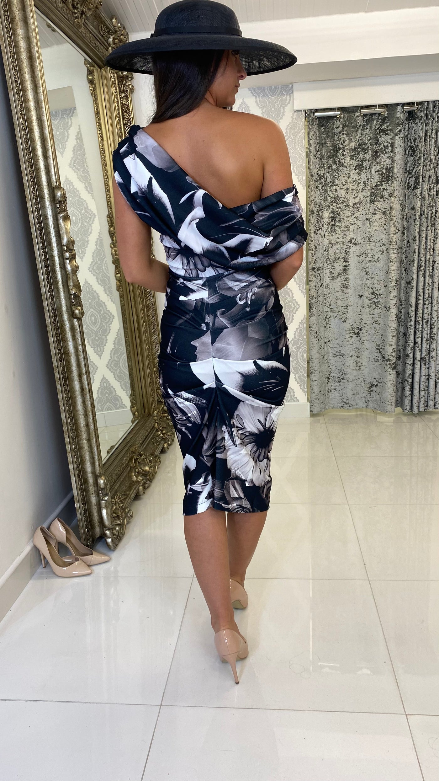 Black & Grey Floral Drape Shoulder Midi Bodycon Dress