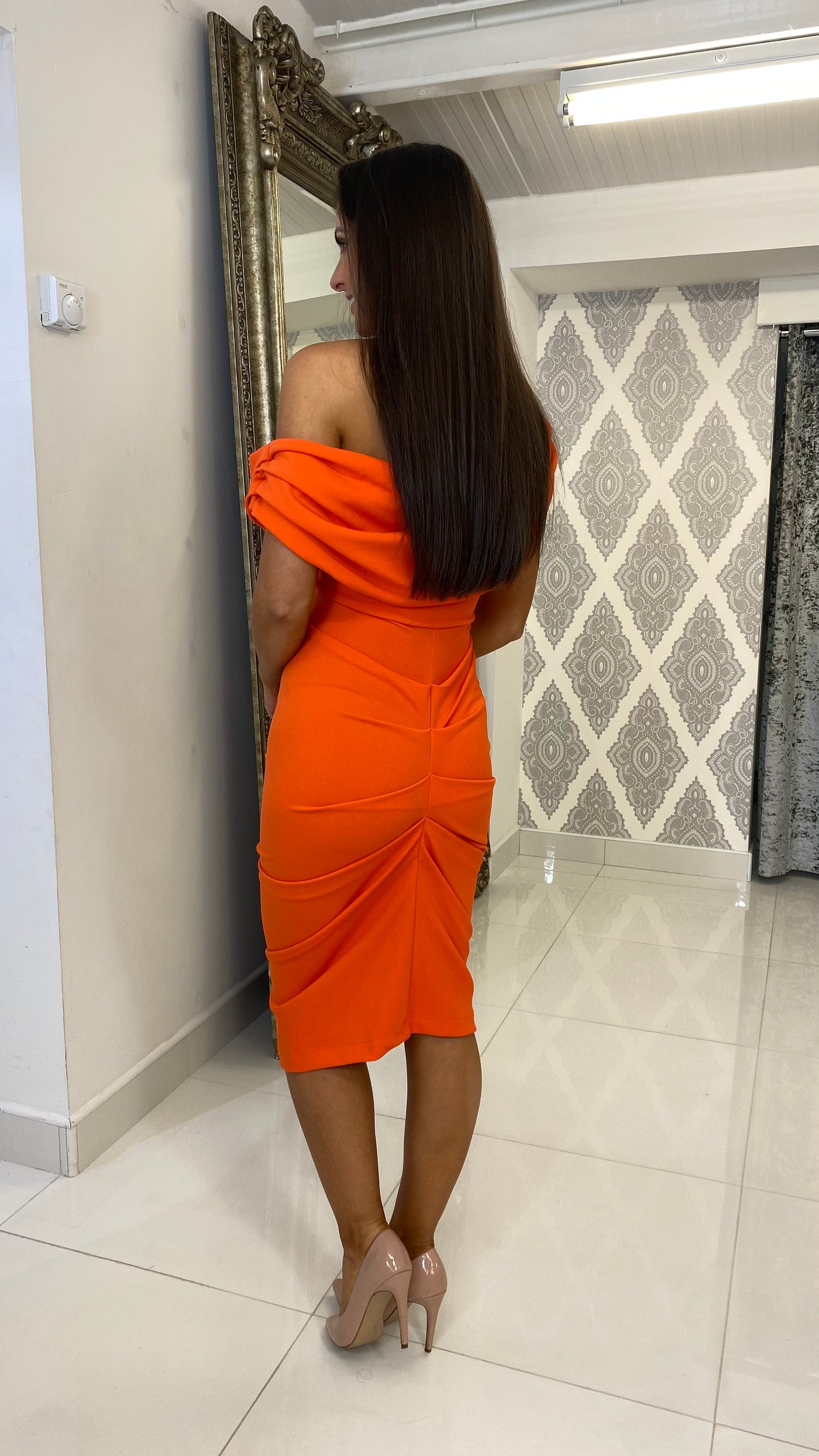 Orange Drape Shoulder Midi Bodycon Dress