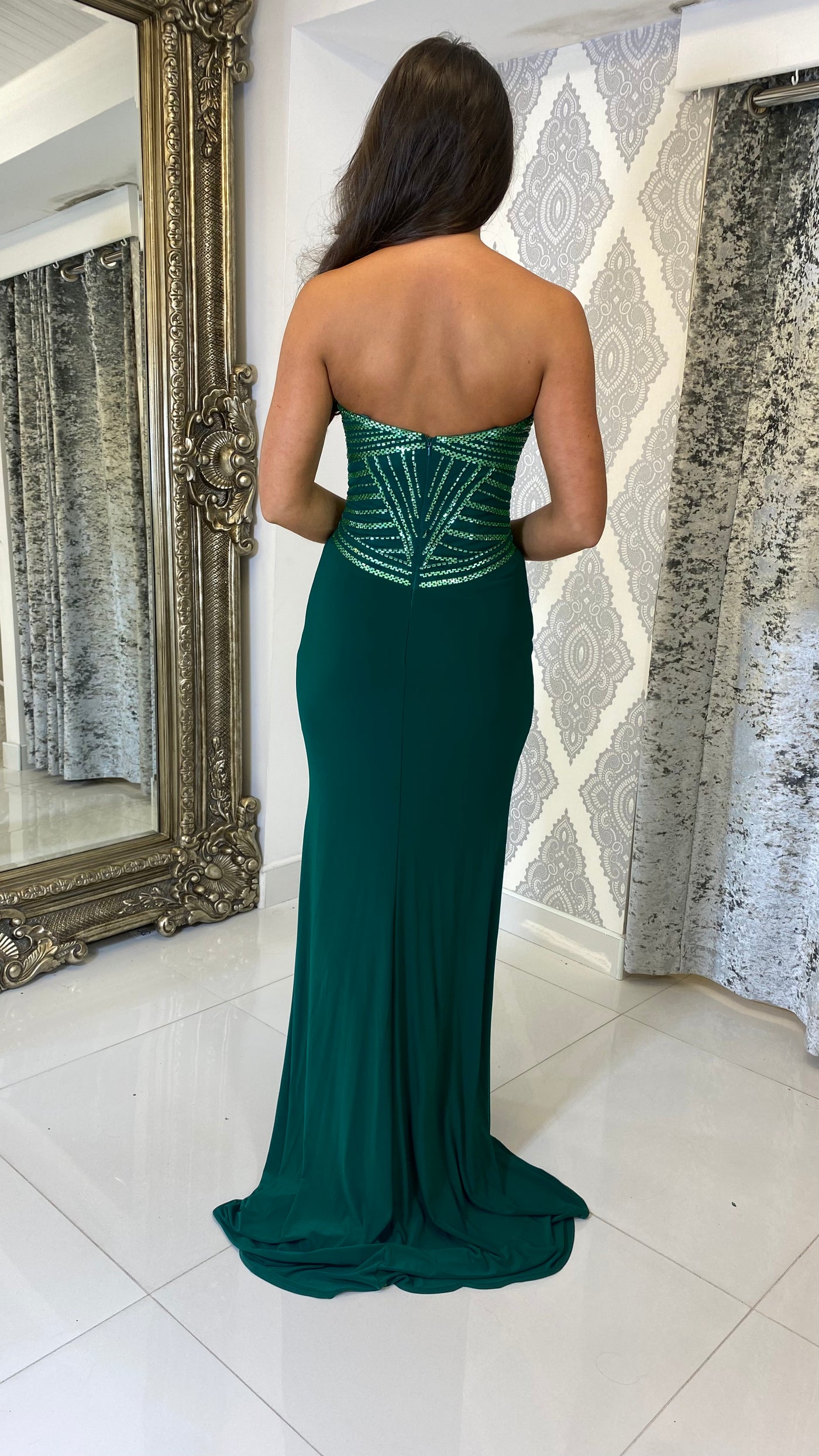 Green Strapless Jewell Top Detailed Evening Gown